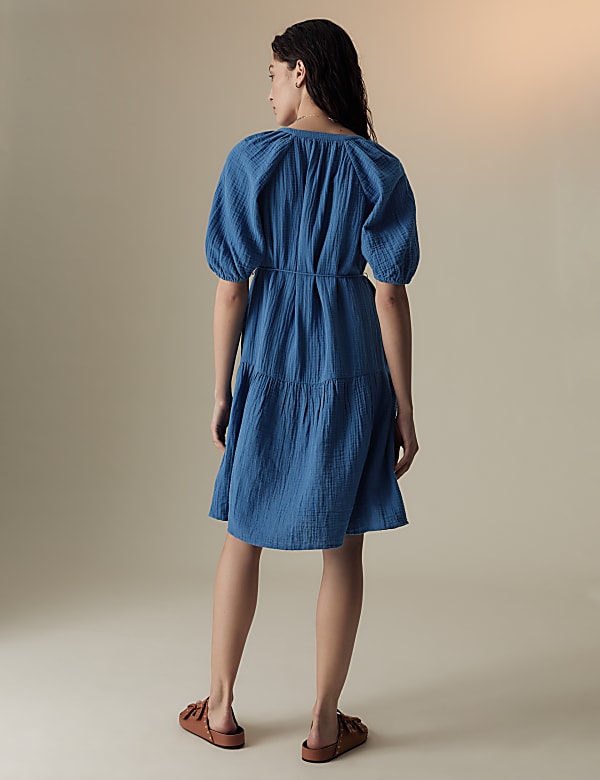 Pure Cotton Textured Notch Neck Tiered Dress