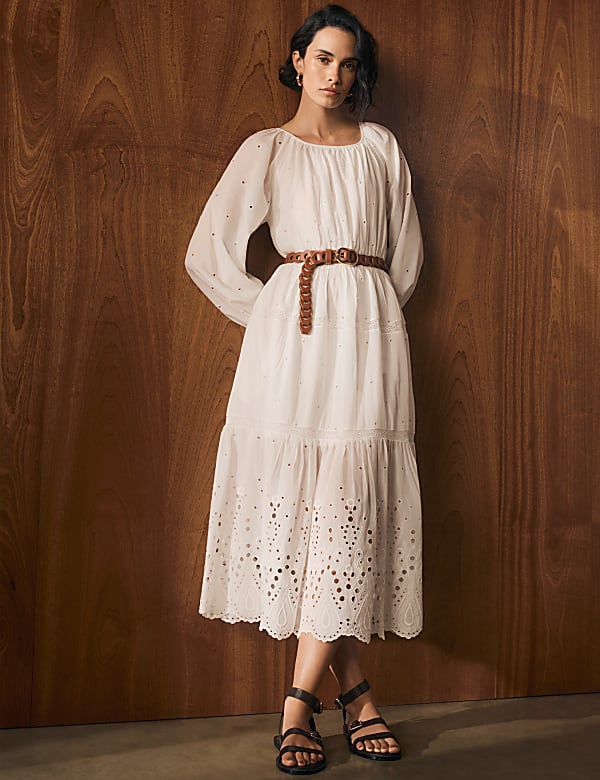 Cotton Rich Broderie Midaxi Waisted Dress SOFT WHITE Dresses M S DE