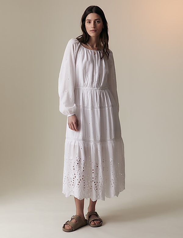 Cotton Rich Broderie Midaxi Waisted Dress