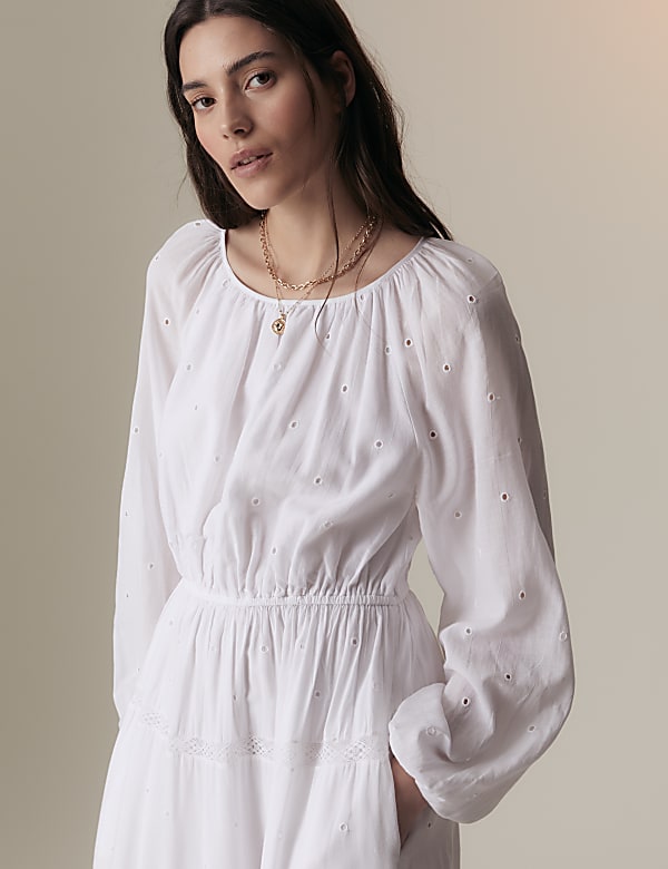 Cotton Rich Broderie Midaxi Waisted Dress