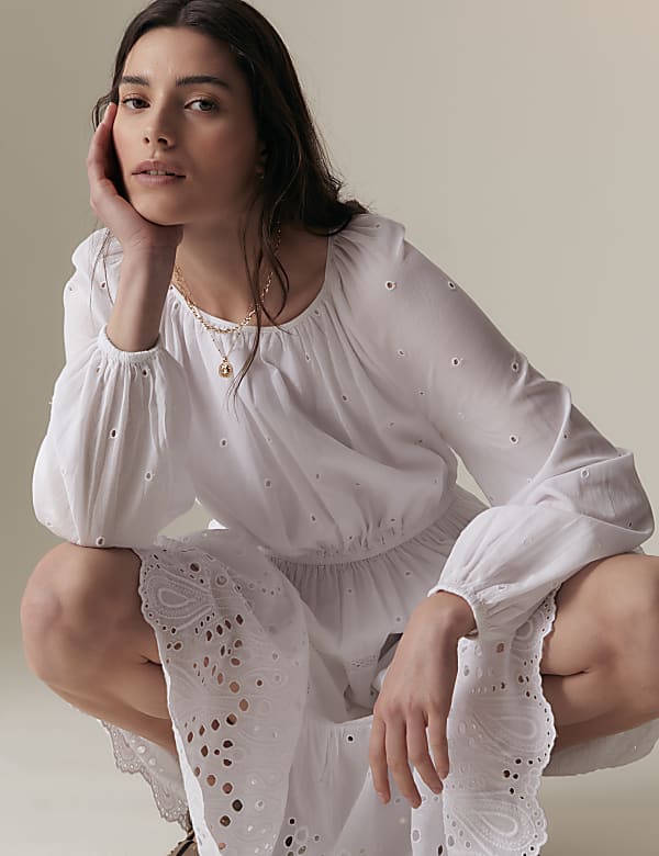Cotton Rich Broderie Midaxi Waisted Dress