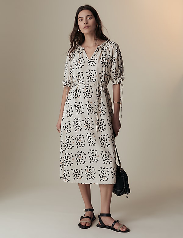 Linen Rich Geometric Notch Neck Smock Dress CREAM MIX Dresses M S FI