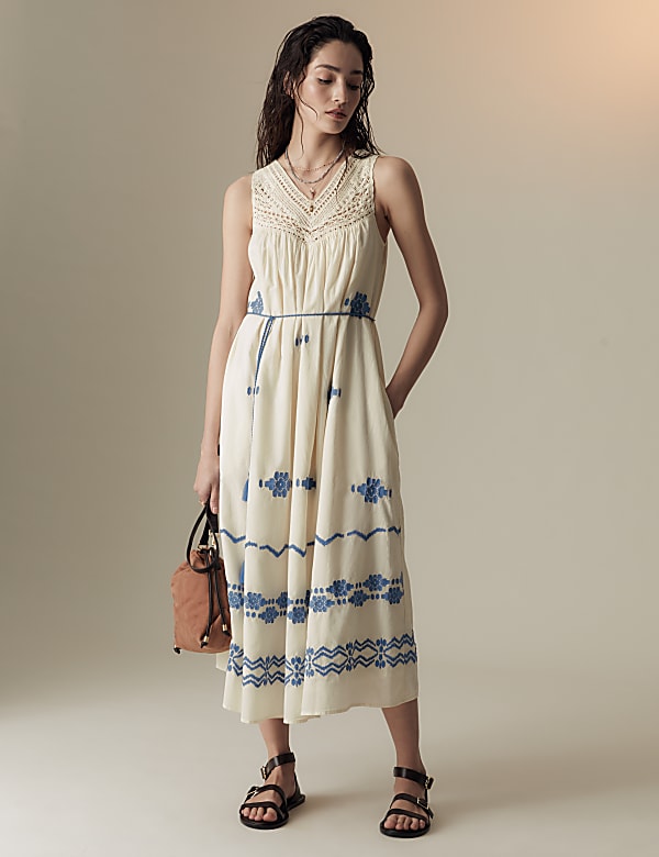Pure Cotton Embroidered V-Neck Midi Dress - CY