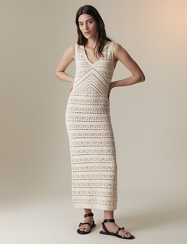 Pure Cotton Textured Midi Knitted Dress