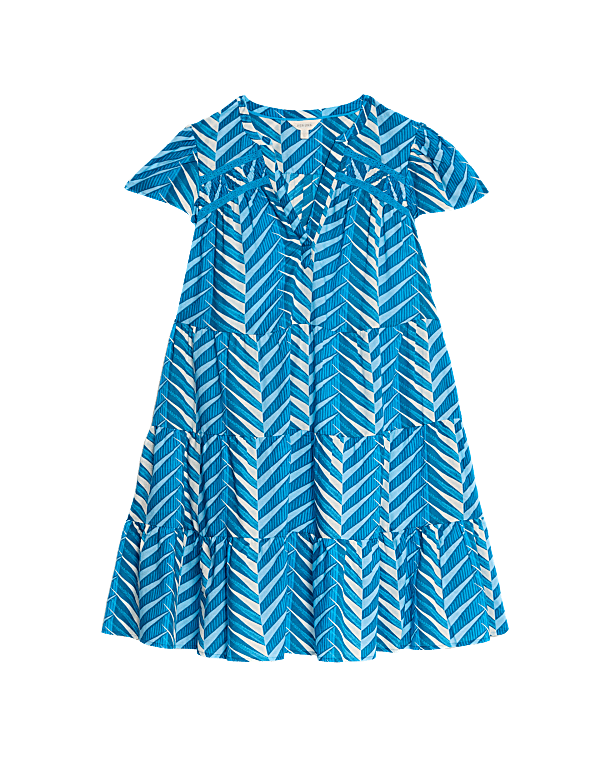 Lyocell Rich Printed Notch Neck Tiered Smock Dress