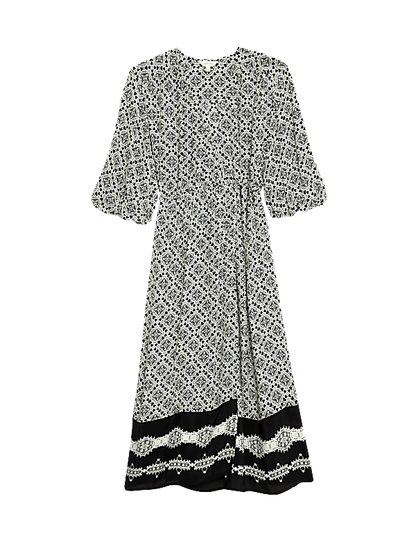 Crepe Geometric V-Neck Midi Wrap Dress