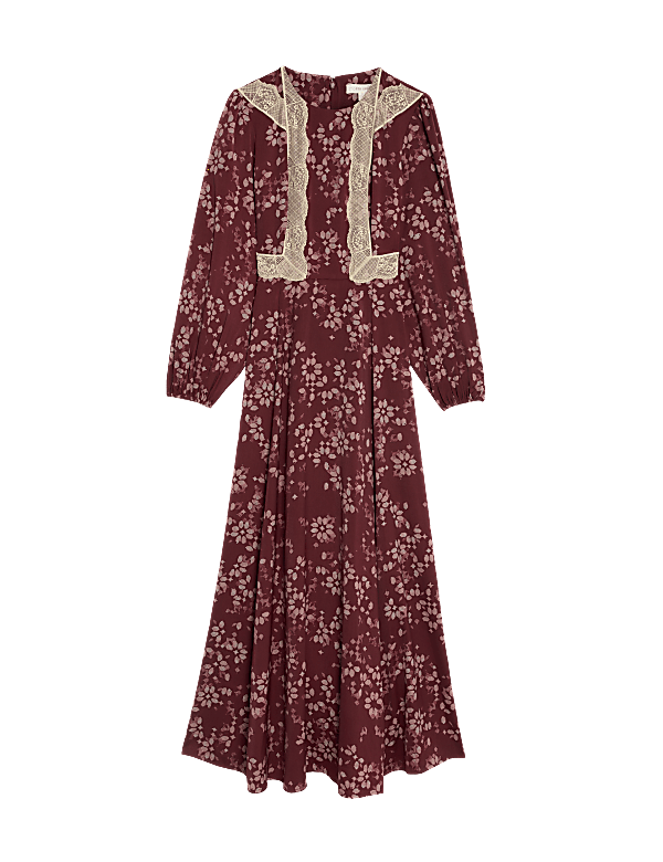 Satin Printed Round Neck Maxi Dress
