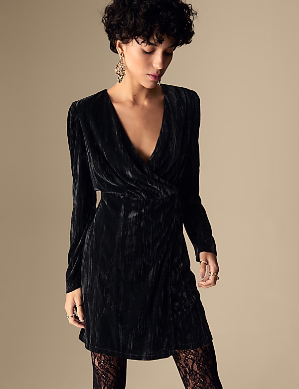 Velvet V-Neck Mini Wrap Dress - SK