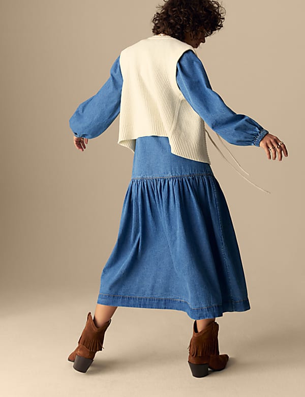 Denim V-Neck Midi Tiered Waisted Dress - RO