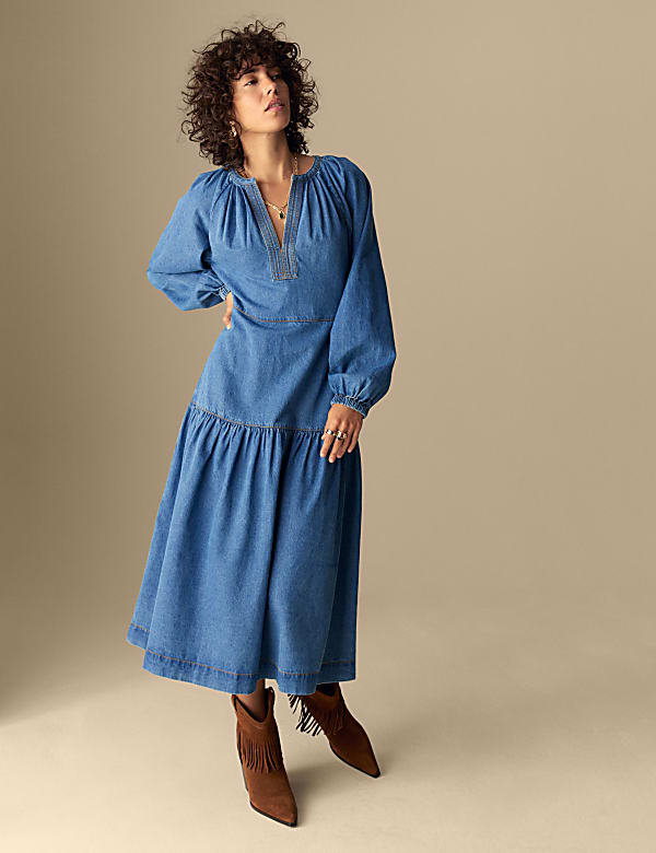 Denim V-Neck Midi Tiered Waisted Dress - RO