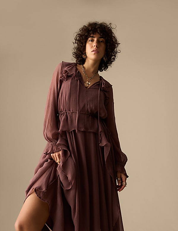 Cupro Ruffle Tie Neck Maxi Waisted Dress