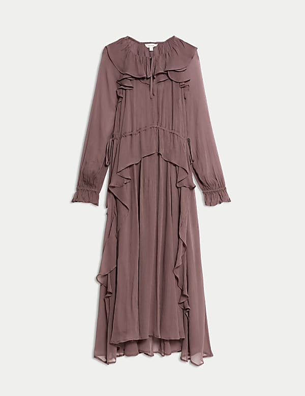 Tailliertes Maxikleid aus Cupro mit Rüschen und Schleifenkragen - DE