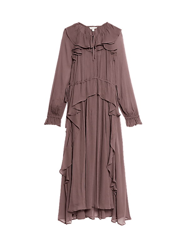 Cupro Ruffle Tie Neck Maxi Waisted Dress