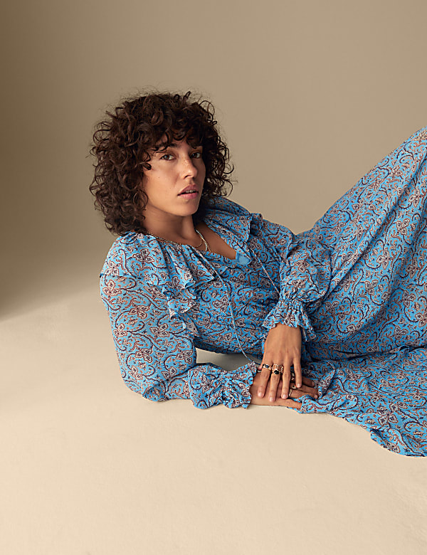 Printed Tie Neck Ruffle Midaxi Waisted Dress