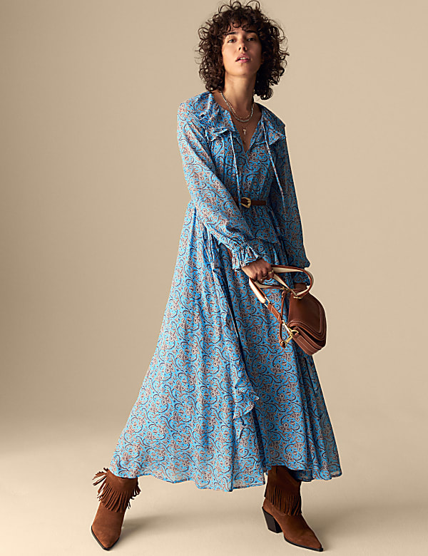 Printed Tie Neck Ruffle Midaxi Waisted Dress