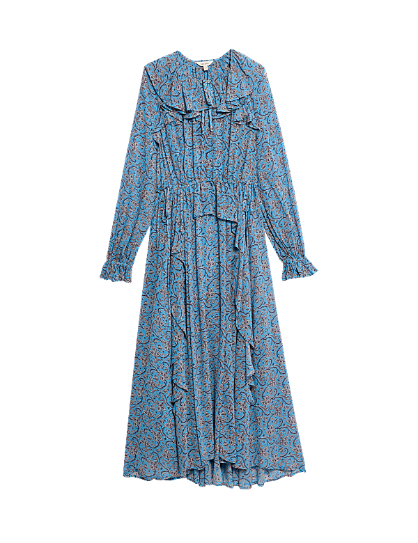 Printed Tie Neck Ruffle Midaxi Waisted Dress