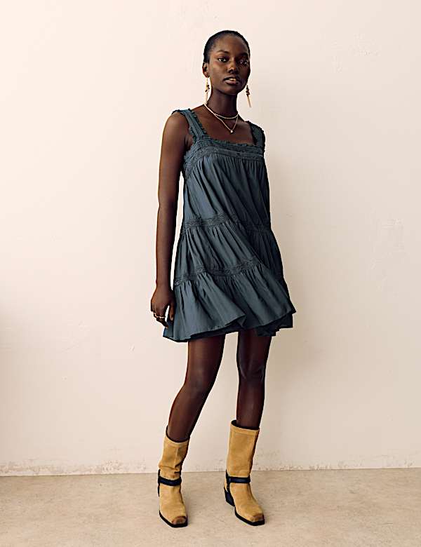 Lace Square Neck Mini Tiered Smock Dress - BG