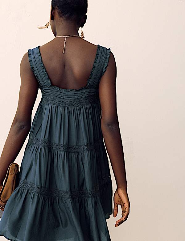 Lace Square Neck Mini Tiered Smock Dress - BG