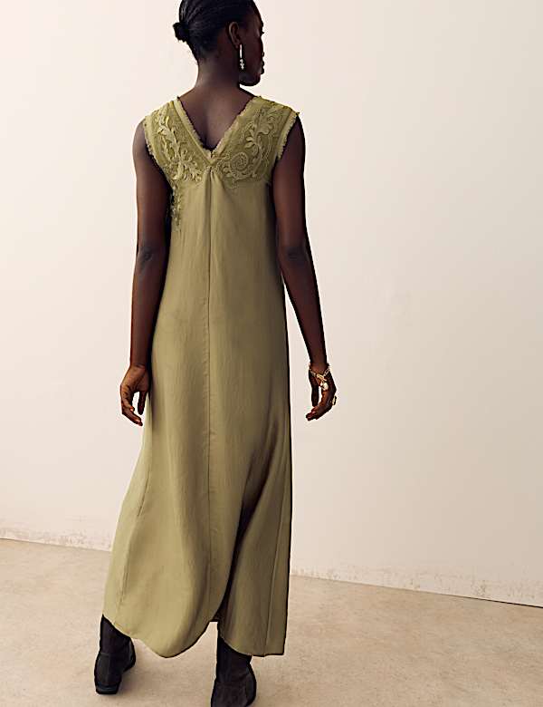 Satin Embroidered Midi Slip Dress - AU