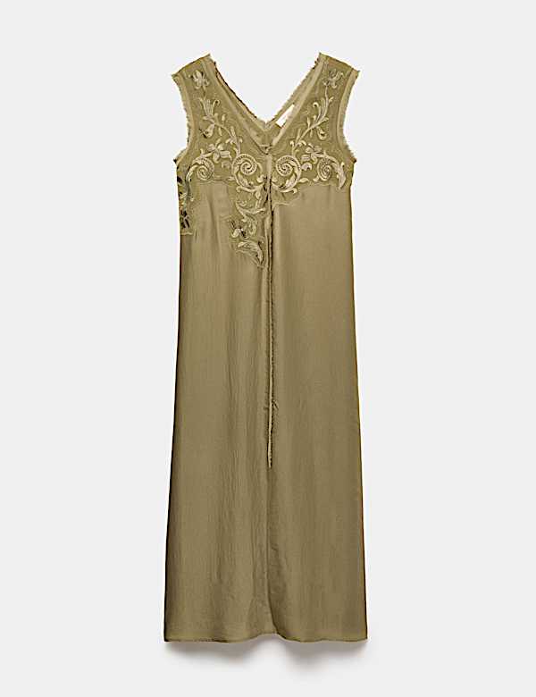 Satin Embroidered Midi Slip Dress - AU