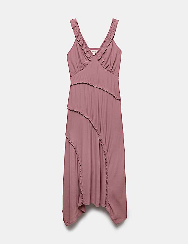 V-Neck Ruffle Detail Maxi Waisted Dress