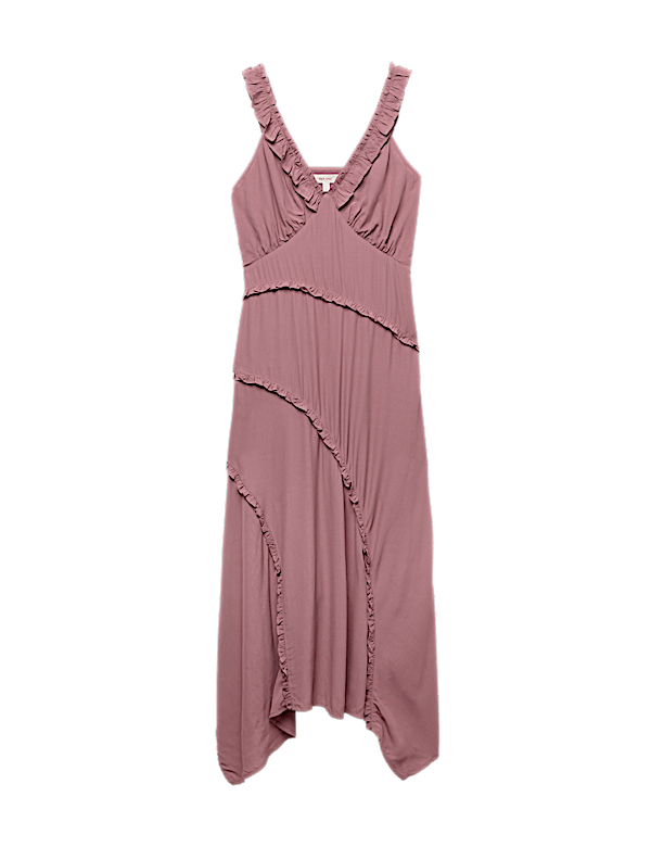 V-Neck Ruffle Detail Maxi Waisted Dress