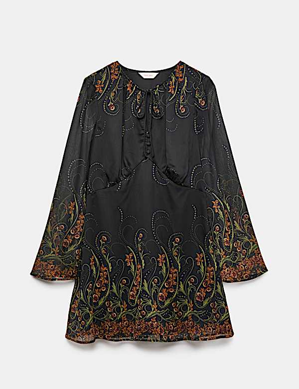 Gaun Smock Mini Hiasan Dasi Motif Bunga - ID
