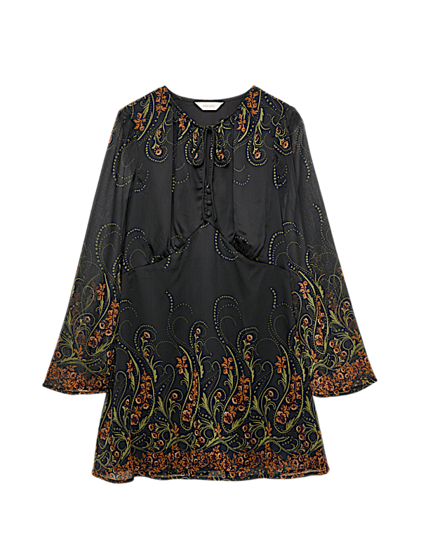 Floral Print Tie Detail Mini Smock Dress