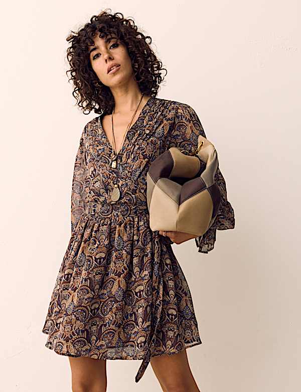 Paisley Floral V Neck Mini Waisted Dress