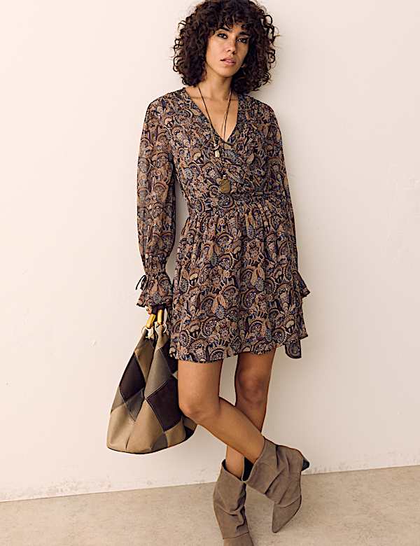 Paisley Floral V Neck Mini Waisted Dress