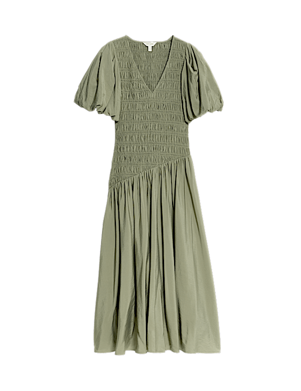Textured V-Neck Puff Sleeve Midaxi Shirred Dress