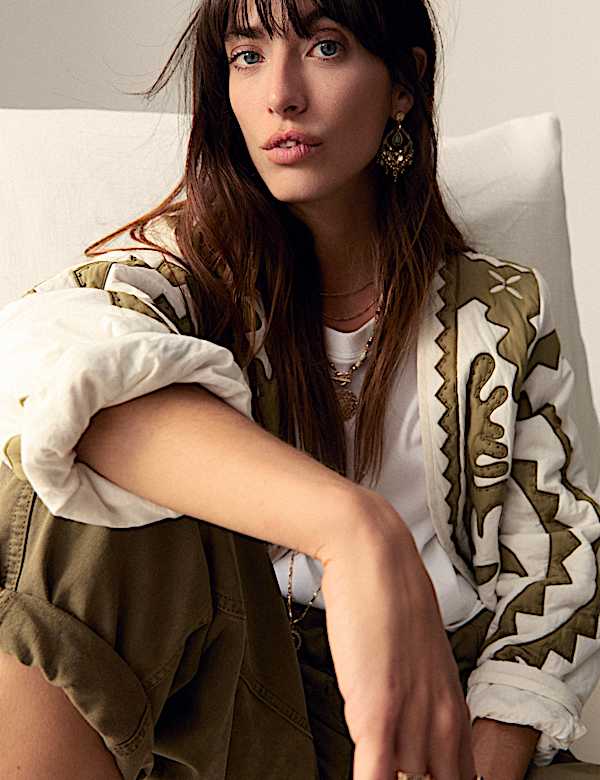 Pure Cotton Applique V-Neck Bomber Jacket - IT