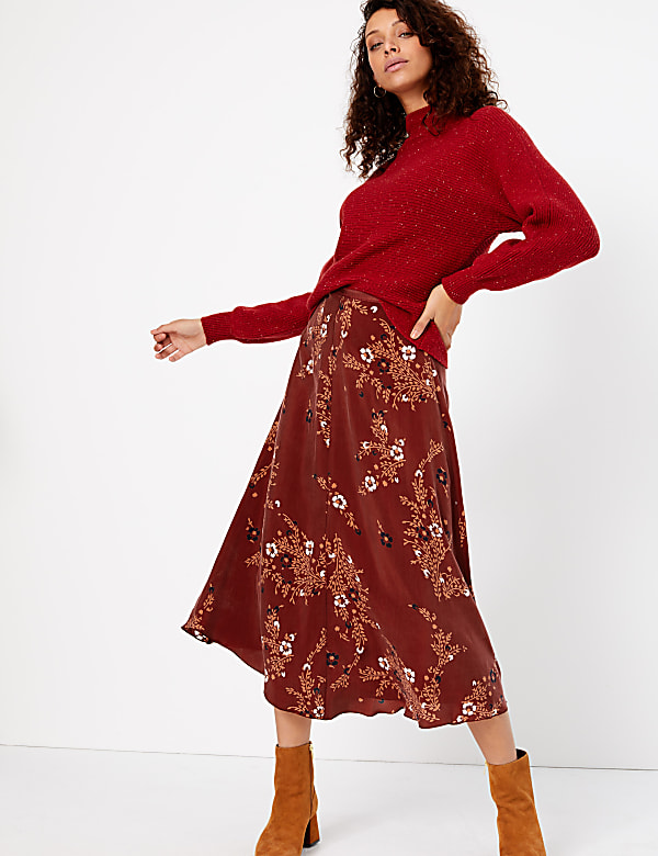 Floral Print Slip Midi Skirt