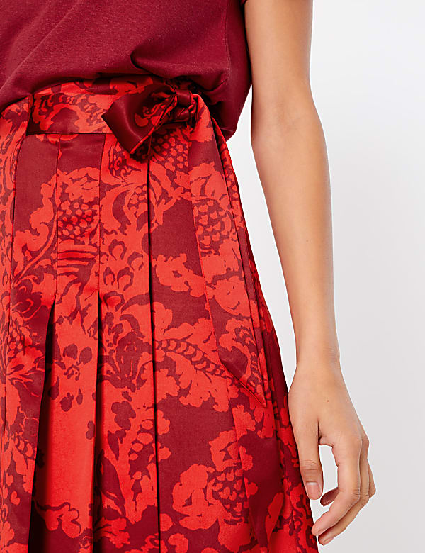 Satin Floral Pleated Midi Wrap Skirt