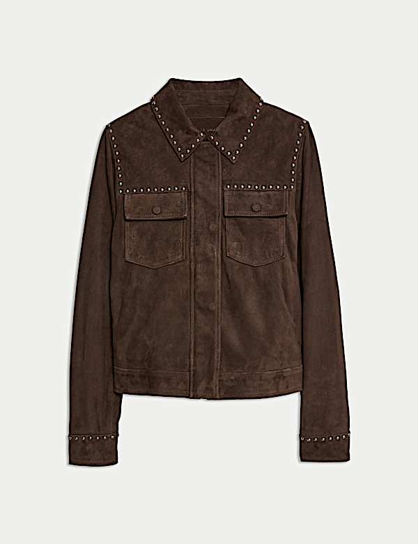 Suede Studded Collared Utility Jacket - GR