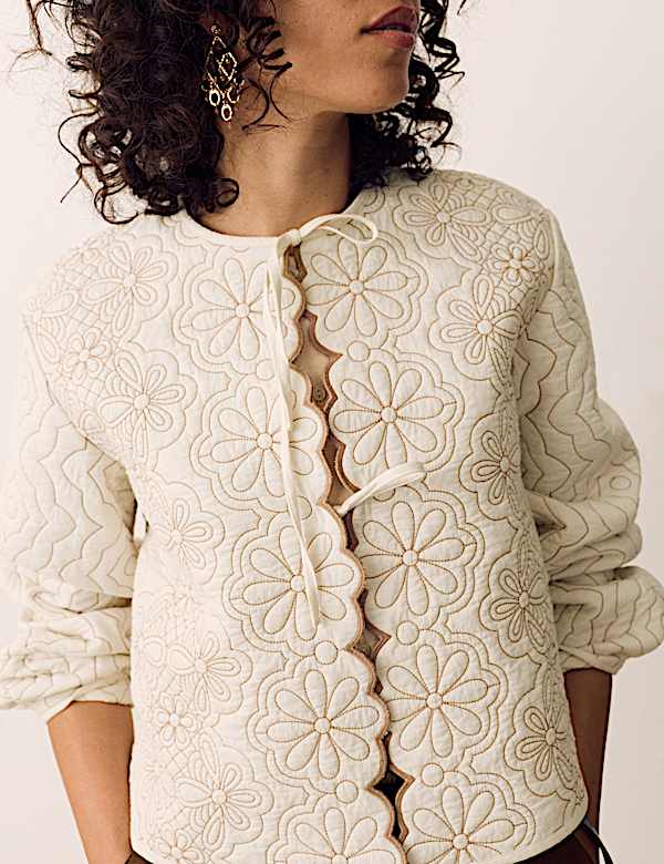 Scallop Tie Front Quilted Jacket - AL