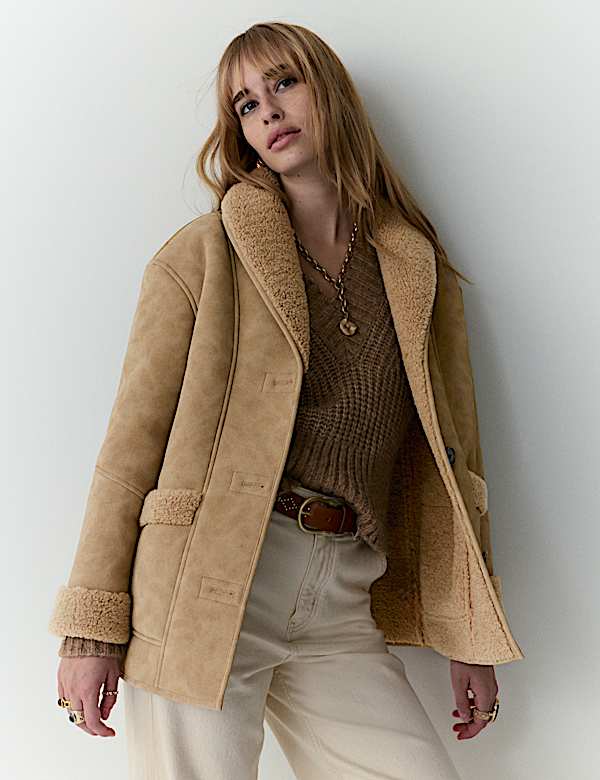 Faux Shearling Button Front Relaxed Jacket - PL