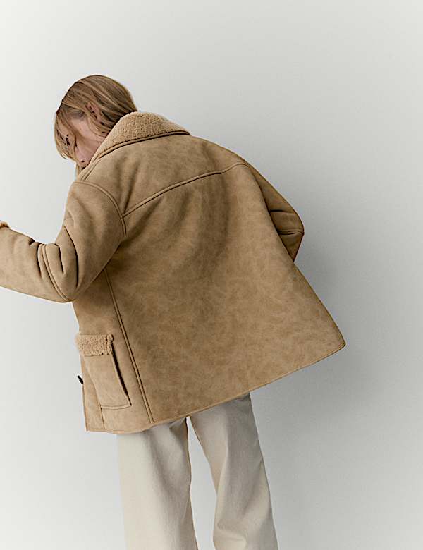 Faux Shearling Button Front Relaxed Jacket - JE