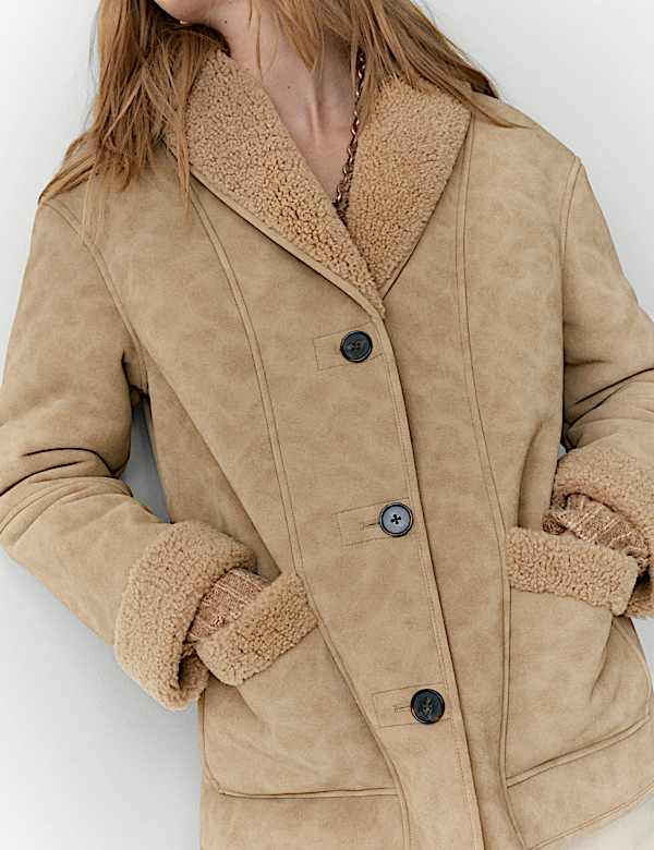 Faux Shearling Button Front Relaxed Jacket - JE