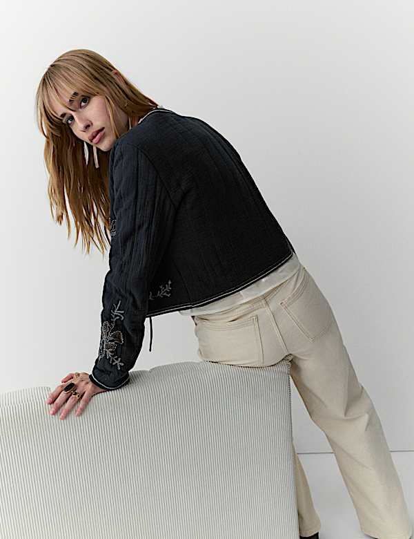 ז'קט מעוטר מכותנה טהורה עם קשירה קדמית - IL