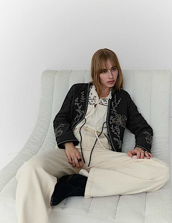 ז'קט מעוטר מכותנה טהורה עם קשירה קדמית - IL