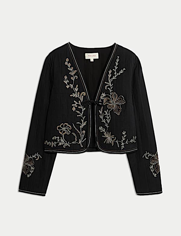 Pure Cotton Embellished Tie Front Jacket - US