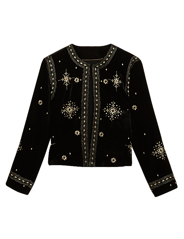 Velvet Embroidered Collarless Short Jacket