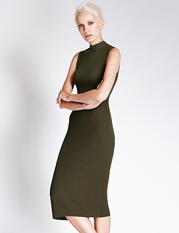 Funnel Neck Knitted Midi Dress | OLIVE