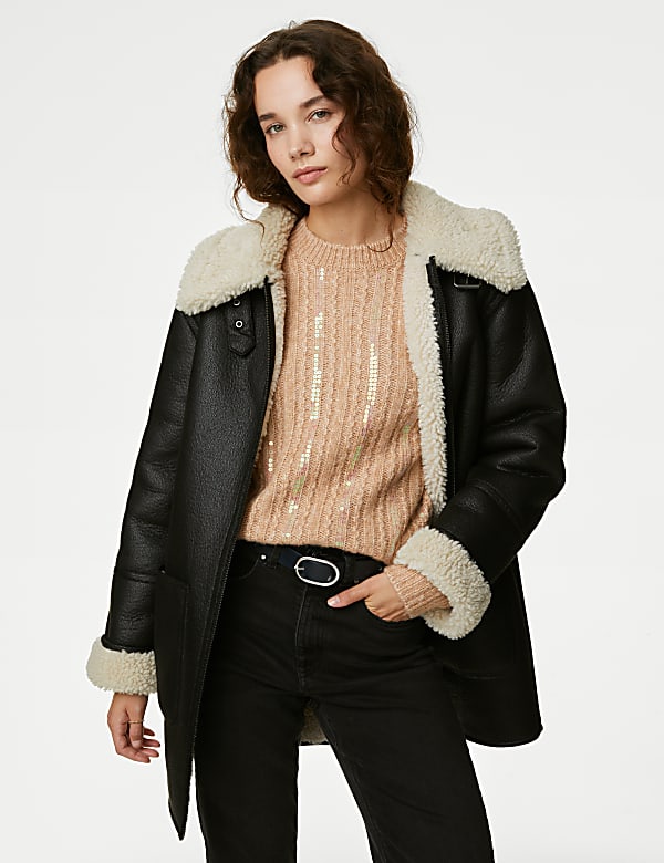 Faux Shearling Borg Lined Aviator Jacket
