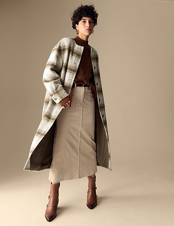 Checked Collarless Longline Shacket with Wool - BN