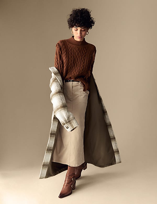 Checked Collarless Longline Shacket with Wool - BN