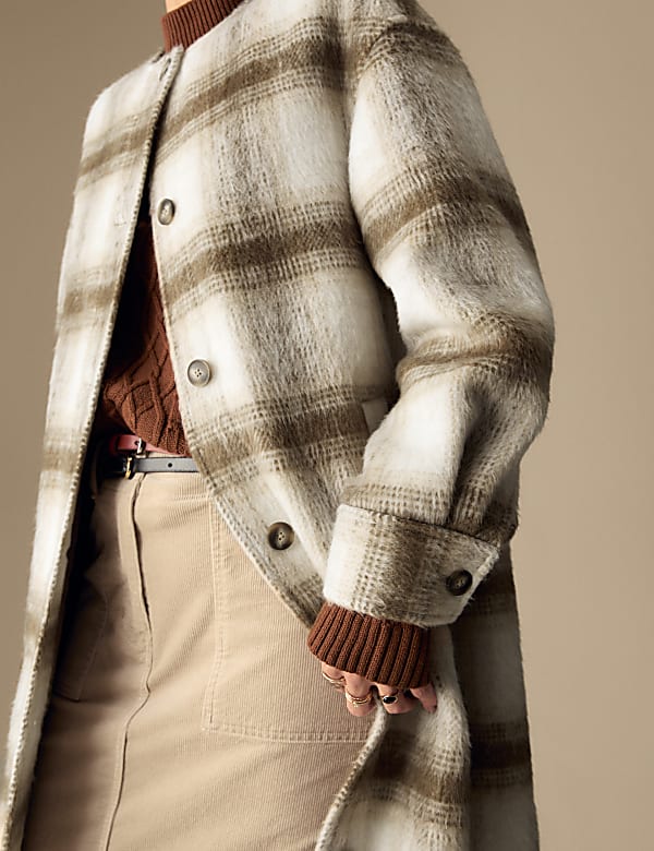 Checked Collarless Longline Shacket with Wool - BN