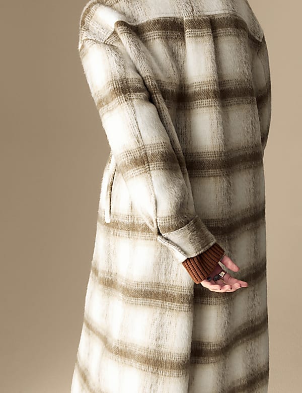 Checked Collarless Longline Shacket with Wool - BN