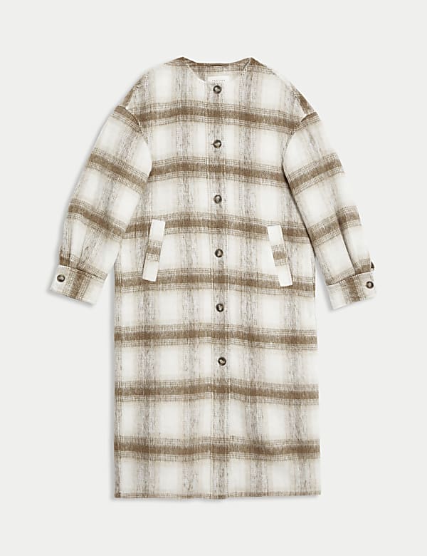Checked Collarless Longline Shacket with Wool - BN